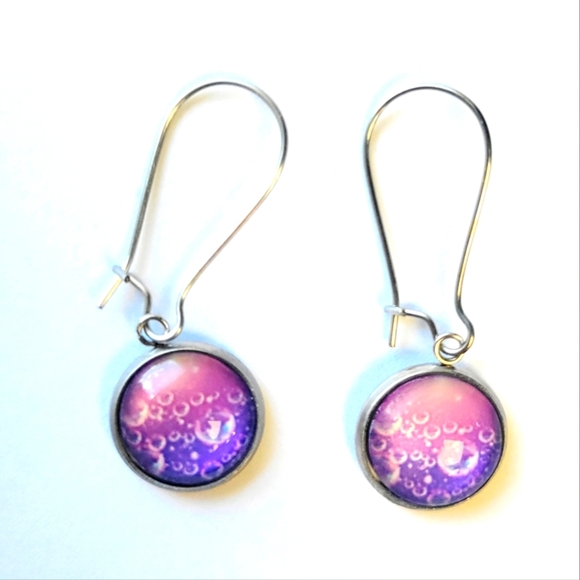 Elegant Purple and Silver Bubble Round Latch Back Drop Earrings - Picture 1 of 4
